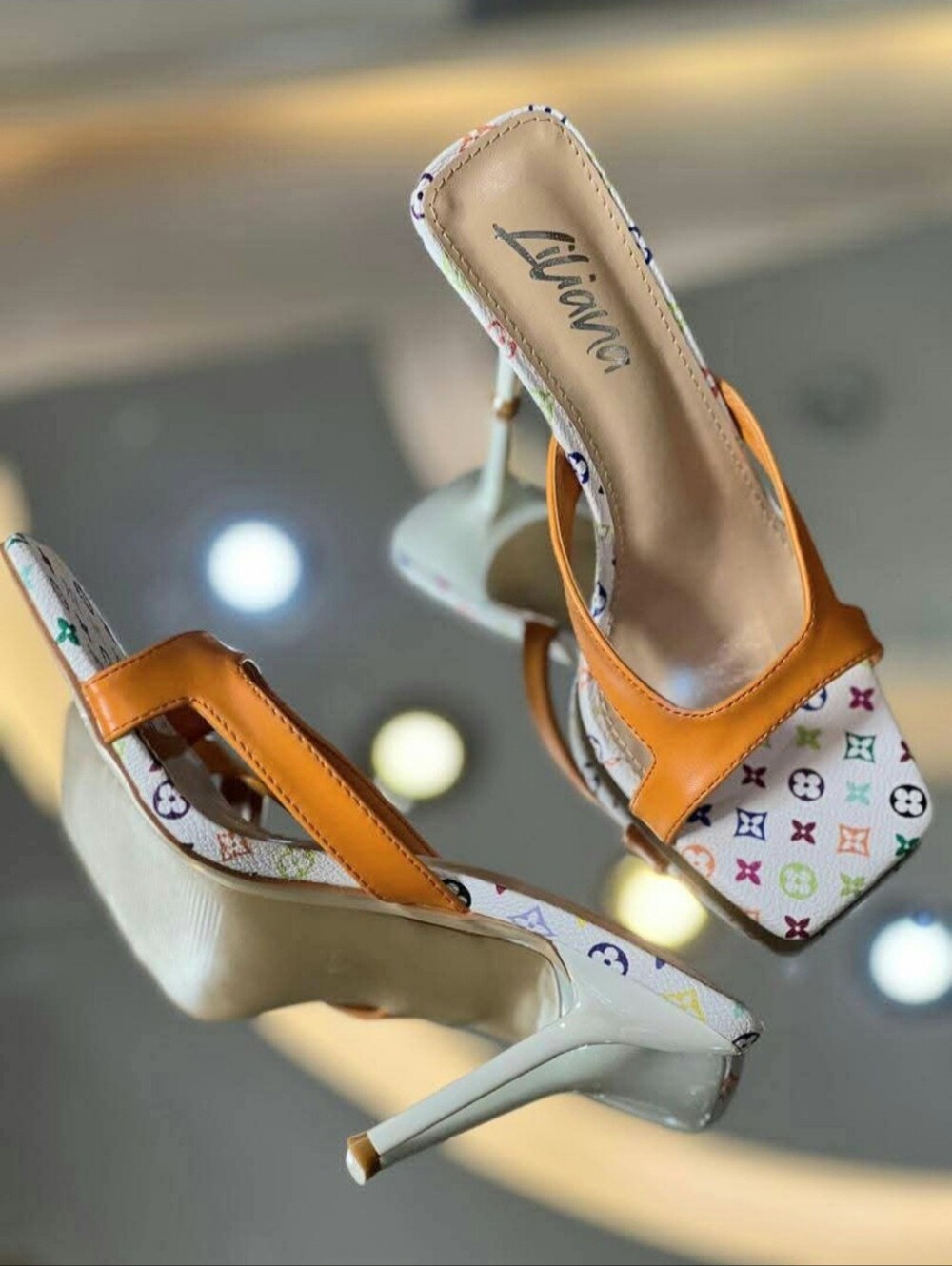 Liliana Orange Monogram Print Kitten Heel Mule Sandals Size 5.5
